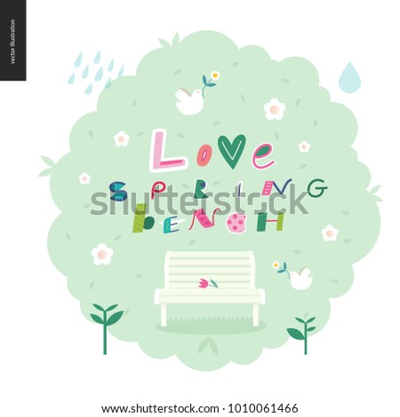 Love, spring, bench fun lettering on the gross bush with spring elements