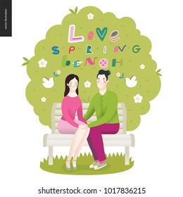 Love, spring, bench lettering - a couple in love sitting on a bench under the tree