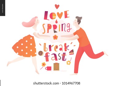 Love, spring, breakfast Lettering composition and a couple running towards to each other