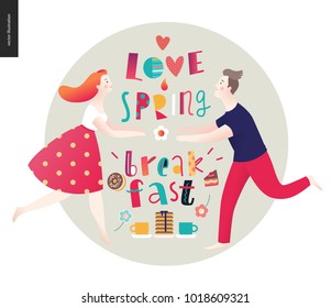 Love, spring, breakfast Lettering composition and a couple running towards to each other