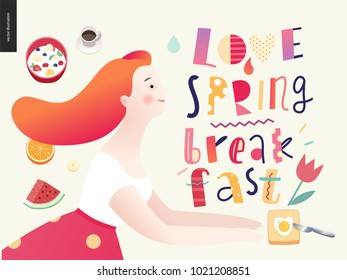 Love, spring, breakfast Lettering composition and a couple running towards to each other and a set of breakfast meal