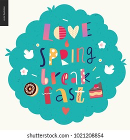Love, spring, breakfast Lettering composition on the tree background