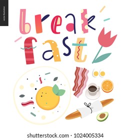 Love, spring, breakfast Lettering composition and a set of breakfast meal