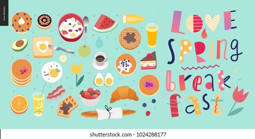 Love, spring, breakfast Lettering composition and a set of breakfast meal on the green-blue background