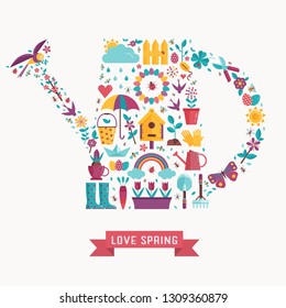 Love spring card with traditional garden and seedling symbols stylized in watering can shape. Springtime and gardening decorative elements for print and greeting postcards.