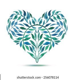Love Spring Card with Watercolor Floral Bouquet. Valentine's  Day vector illustration with heart form