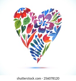 Love Spring Card with Watercolor Floral Bouquet. Valentine's  Day vector illustration with heart form