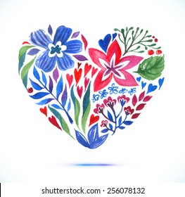 Love Spring Card with Watercolor Floral Bouquet. Valentine's  Day vector illustration with heart form