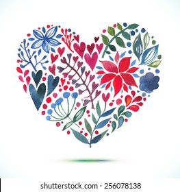 Love Spring Card with Watercolor Floral Bouquet. Valentine's  Day vector illustration with heart form