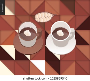 Love spring chocolate - papercut geometric pattern and two cups of coffee and chocolate, and cacao beans