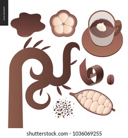 Me encanta el chocolate de primavera - conjunto de chocolate blanco y negro, patatas de chocolate, granos de café y cacao y hojas