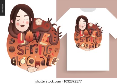 Love spring chocolate slogan - lettering composition with a girl portrait and a t-shirt usage example