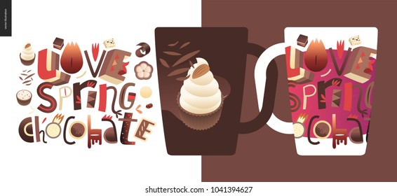 Love spring chocolate slogan - lettering composition with chocolate bonbons and cacao beans on the cups