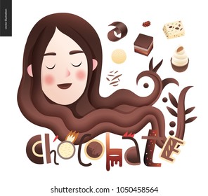 Love spring chocolate slogan - lettering composition with a girl portrait and bonbons