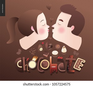 Love spring chocolate slogan - lettering composition and a kissing couple and chocolate bars, bonbons, chips and hearts
