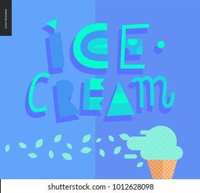 Love spring ice cream lettering and ice cream cone on the blue pattern