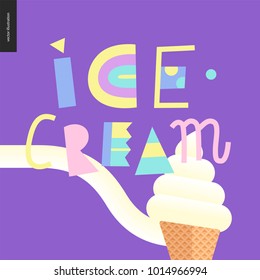 Love spring ice cream lettering and ice cream cone on the purple pattern