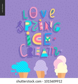 Love spring ice cream lettering and three ice cream waffle cones