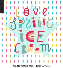 Love spring ice cream lettering on the patterned background