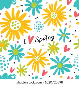 I love spring. Seamless background with flowers and clouds.