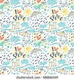 I love spring. Seamless vector pattern with clouds, rain, sun, sun, rubber boots, umbrellas and heart.
