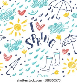 I love spring. Seamless vector pattern with clouds, rain, sun, sun, rubber boots, umbrellas and heart.
