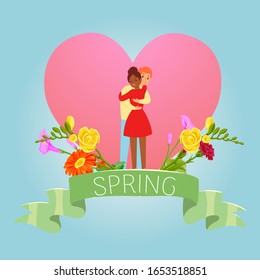 Love, spring, valentine day with two enamored undera love heart with flowers in the spring season vector illustration. Caucasian man and dark skinned girl lovers beloved banner.
