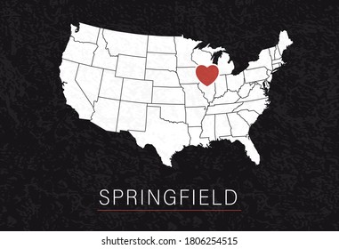 Love Springfield Picture. Map of United States with Heart as City Point. Vector Stock Illustration