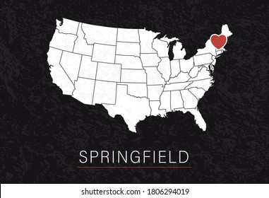 Love Springfield Picture. Mapa de Estados Unidos con el corazón como punto de ciudad. Ilustración de material vectorial