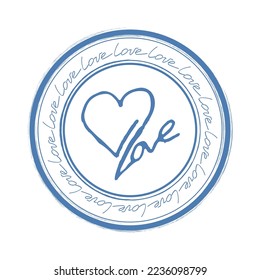love stamp with heart as an abstract symbol of love, blue ink , vector