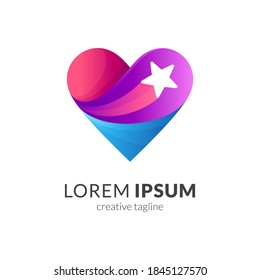 Love star logo. Heart and shooting star shape in 3d logo concept