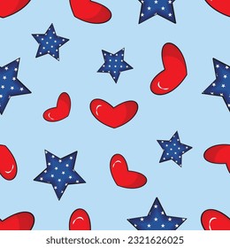 Love And Star Pattern on blue background vector graphic. American flag Pattern. 4th of july seamless pattern. American independence day seamless pattern.