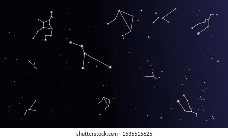 Love Starrs. Constellation Map. Astronomical Print. Beautiful Cosmic Sky with Many Stars. Dark Blue Galaxy Pattern. Vector Sky Cosmos Background.