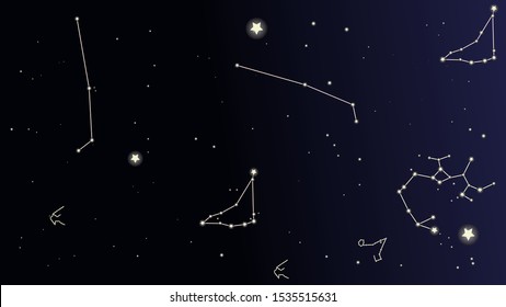 Love Starrs. Constellation Map. Astronomical Print. Beautiful Cosmic Sky with Many Stars. Dark Blue Galaxy Pattern. Vector Sky Cosmos Background.