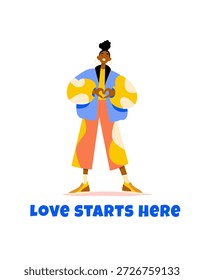 Liebe beginnt hier. Selbstliebe und innerer Frieden, flache Vektorgrafik. Die Frau macht die Herzbewegung , die Selbstversorgung und die mentale Wellness , die Selbstliebe und die Inspiration der Illustration mit den Herzen. Moderne Vektorkunst