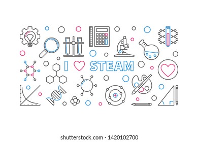 I Love STEAM vector creative horizontal banner or illustration in thin line style