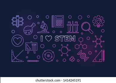 I Love STEM concept colored outline horizontal banner. Vector illustration in thin line style on dark backgroun