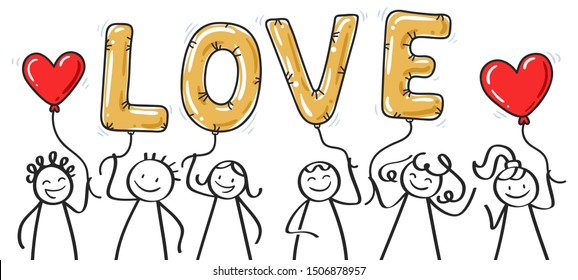 LOVE, stick figures holding heart shaped balloons and golden letters, Valentine's Day, horizontal banner