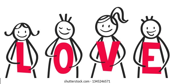 LOVE Stick people holding red letters, group of men and women
