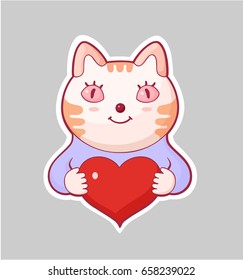 Love sticker in cartoon style. A cat wishes to give his beloved his heart. Cartoon style vector pin, patch