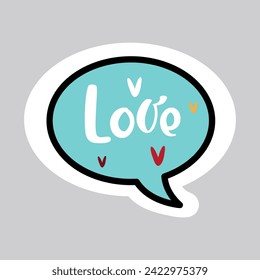 Love sticker of colorful set. A charming illustration in a cartoon design celebrates love with the endearing message love against a soft pastel background. Vector illustration.