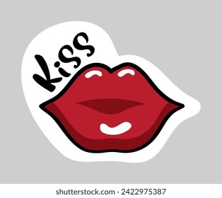 Love sticker of colorful set. This endearing illustration feature a cartoon design and the sentiment kiss against a soft pastel background. Vector illustration.