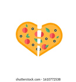 Love sticker with heart pizza. Love pizza icon. Romantic elements of valentine's menu. Valentines day icon with symbols of true love and romantic dating. Vector illusutration in flat design