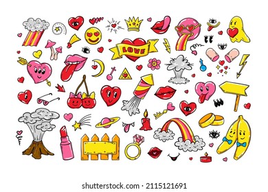 Love Sticker pack with modern weird characters. Vector illustration. Valentines Day design elements