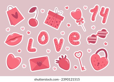 Love sticker pack for valentine's day. Flat vector stickers isolated on pink background.