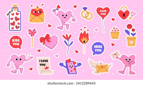 Juego de stickers de amor. Feliz Día de San Valentín. Carácter cómico de corazón feliz al estilo de las caricaturas de moda. Caracteres festivos, elementos y burbujas de voz. Ilustración vectorial plana.