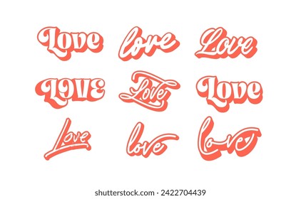 Love sticker set. Retro vintage style for Valentine's Day. Typographic lettering.