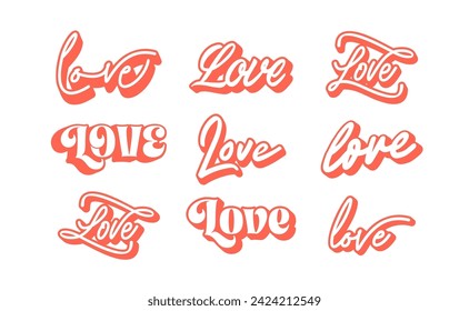 Love sticker set. Retro vintage style for Valentine's Day. Typographic lettering.