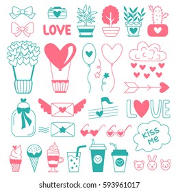 Love stickers. Blue and pink vector set. Illustration can be used for labels, postcards, notebooks, stationery and creative works.