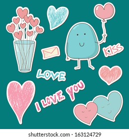 Love stickers collection. Cute doodle hearts and words.